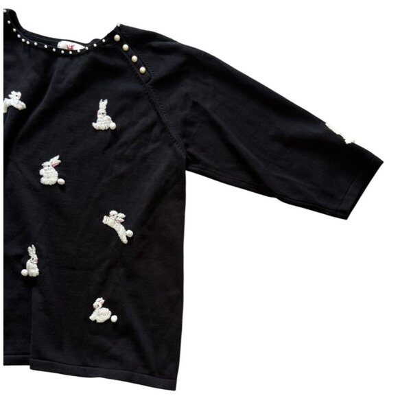 Quacker Factory Black Sweater Snow Bunnies Puffy CottonTails Faux Pearl   XL - Picture 4 of 7